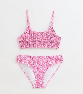 Girls Pink Abstract Print Shirred Cropped Top Bikini Set