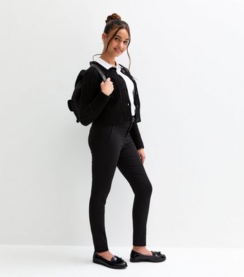 Girls Black Stretch Belted Skinny School Trousers