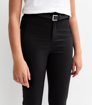 Girls Black Stretch Belted Skinny School Trousers