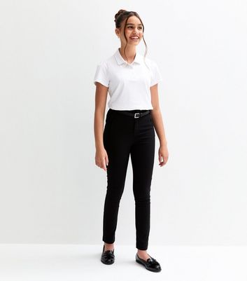 Girls Black Stretch Belted Skinny School Trousers 3 Girls Black Stretch Belted Skinny School Trousers