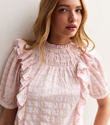 Pink Checked Frill Trim Top
