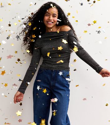 Girls Black Sparkle Asymmetric Long Sleeve Top