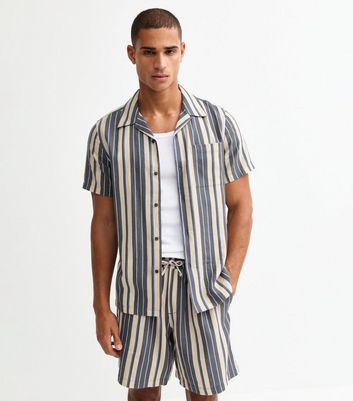 Blue Regular Linen Blend Striped Shorts