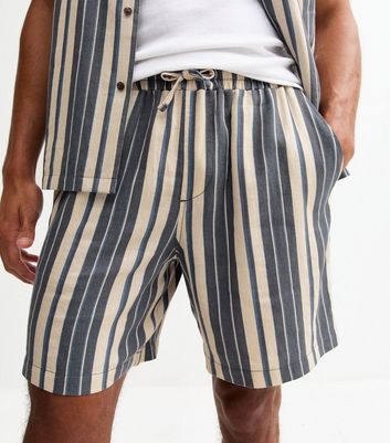 Blue Regular Linen Blend Striped Shorts