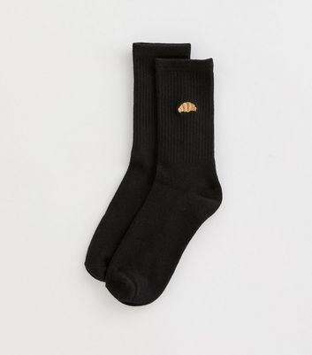 Black Ribbed Embroidered Croissant Sock