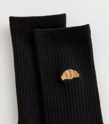 Black Ribbed Embroidered Croissant Sock