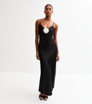 Black Satin Corsage Midi Slip Dress
