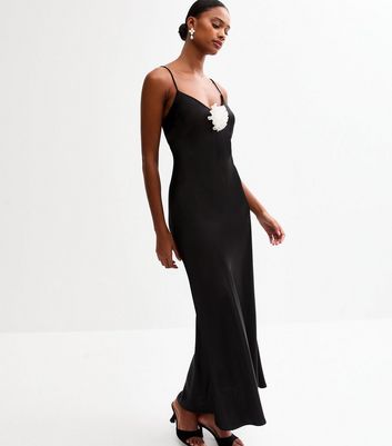 Black Satin Corsage Midi Slip Dress