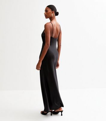 Black Satin Corsage Midi Slip Dress