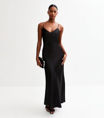 Black Satin Corsage Midi Slip Dress