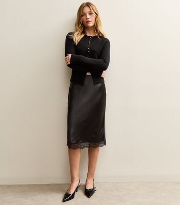Black Satin Lace Trim Skirt