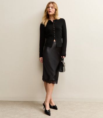 Black Satin Lace Trim Skirt