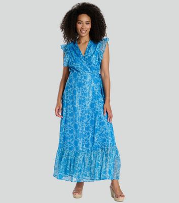 South Beach Bright Blue Floral Print Frill Shoulder Wrap Midi Dress