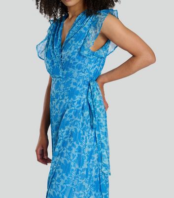 South Beach Bright Blue Floral Print Frill Shoulder Wrap Midi Dress