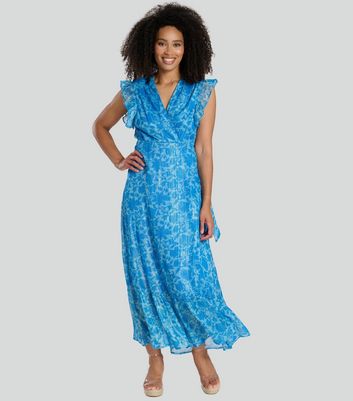 South Beach Bright Blue Floral Print Frill Shoulder Wrap Midi Dress