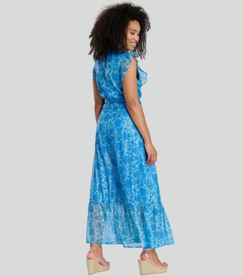 South Beach Bright Blue Floral Print Frill Shoulder Wrap Midi Dress