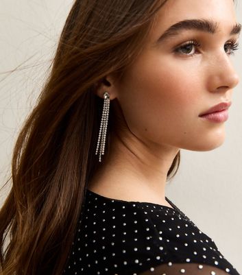 Silver Tone Long Diamante Tassel Earrings