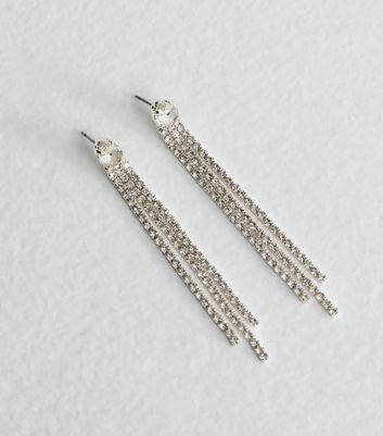 Silver Tone Long Diamante Tassel Earrings