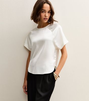 Off White Satin Short Raglan Sleeve Top