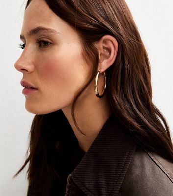 Gold Tone Tapered Large Hoop Earrings