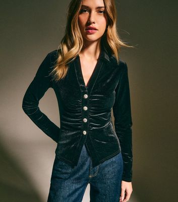 Black Velvet Diamante Button Shirt