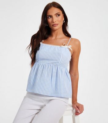 QUIZ Light Blue Gingham Print Strappy Peplum Top