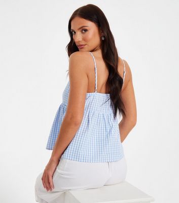 QUIZ Light Blue Gingham Print Strappy Peplum Top