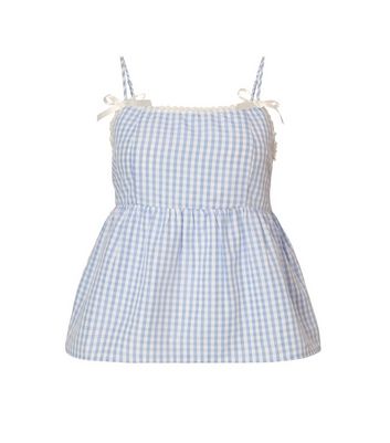 QUIZ Light Blue Gingham Print Strappy Peplum Top