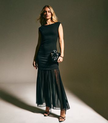 Black Sheer Hem Sleeveless Midi Dress