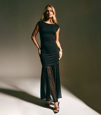Black Sheer Hem Sleeveless Midi Dress