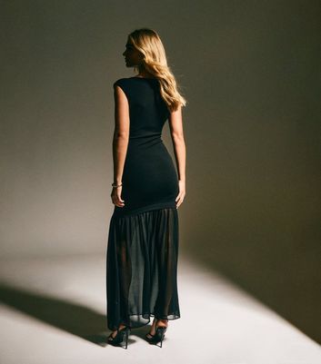 Black Sheer Hem Sleeveless Midi Dress