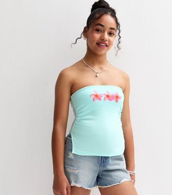 Girls Light Blue Flower Print Ruched Bandeau Top