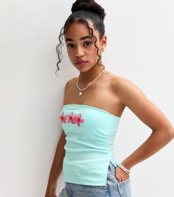 Girls Light Blue Flower Print Ruched Bandeau Top