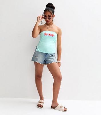 Girls Light Blue Flower Print Ruched Bandeau Top