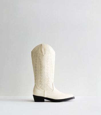 Public Desire White Koboi Faux Leather Stitch Detail Boots