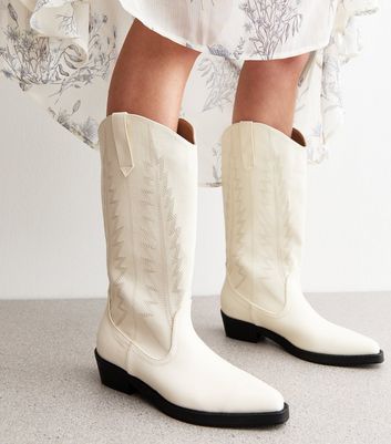 Public Desire White Koboi Faux Leather Stitch Detail Boots