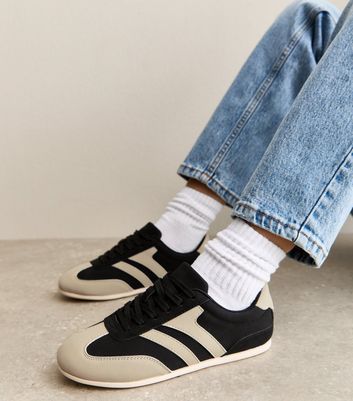 Black Contrast Panel Faux Suede Slim Sole Trainers
