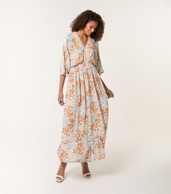 Blue Vanilla Cream Floral Print V-Neck Maxi Dress