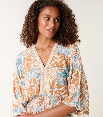 Blue Vanilla Cream Floral Print V-Neck Maxi Dress