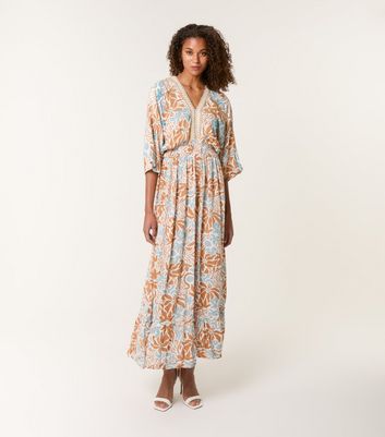 Blue Vanilla Cream Floral Print V-Neck Maxi Dress