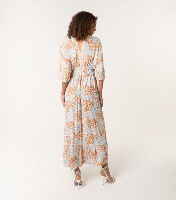 Blue Vanilla Cream Floral Print V-Neck Maxi Dress