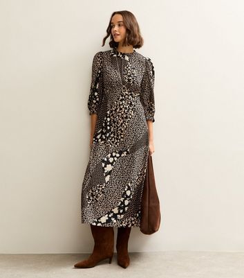 Black Floral Patchwork Print Puff Sleeve Midi Dress
