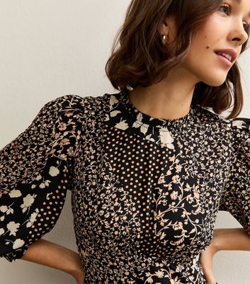 Black Floral Patchwork Print Puff Sleeve Midi Dress