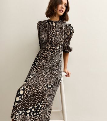 Black Floral Patchwork Print Puff Sleeve Midi Dress