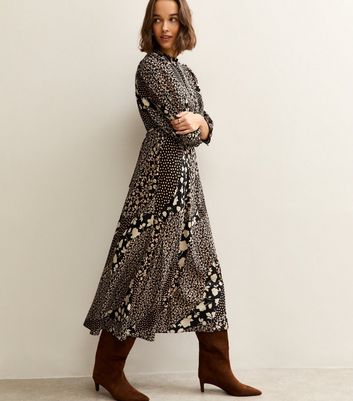 Black Floral Patchwork Print Puff Sleeve Midi Dress