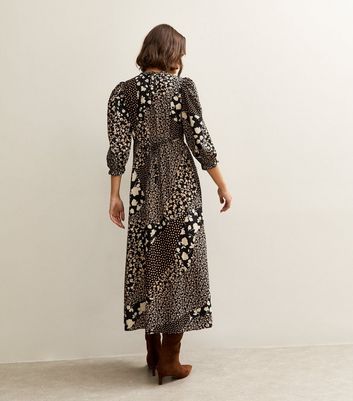 Black Floral Patchwork Print Puff Sleeve Midi Dress