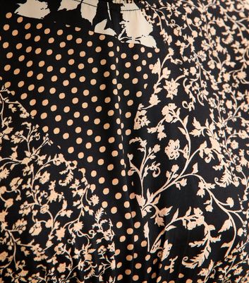 Black Floral Patchwork Print Puff Sleeve Midi Dress