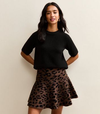 Petite Brown Animal Pattern Flared Mini Skirt
