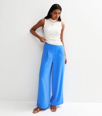 Blue Pleated Front Wide Leg Trousers