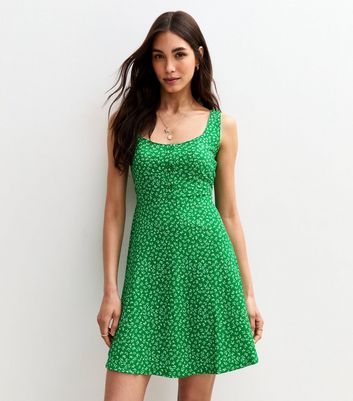 Green Crinkle Texture Floral Print Button Front Mini Dress